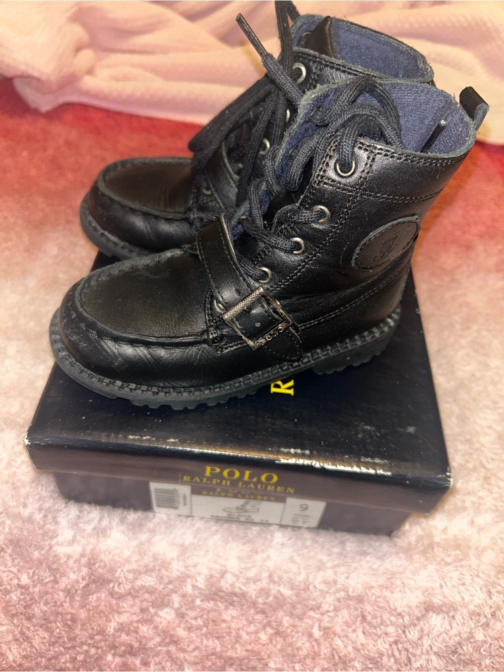 Polo by Ralph Lauren Kids Black Leather Combat Boots with Buckle